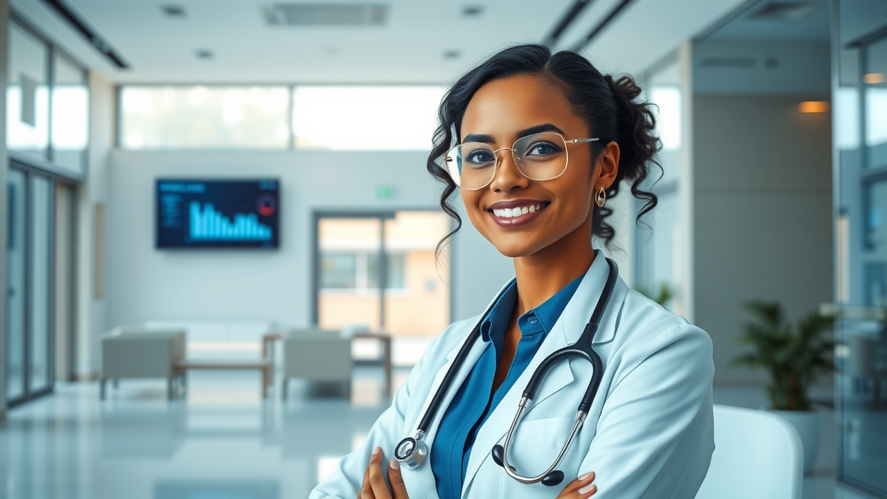 female healthcare manager, focused and determined expression, strategizing reputation management success