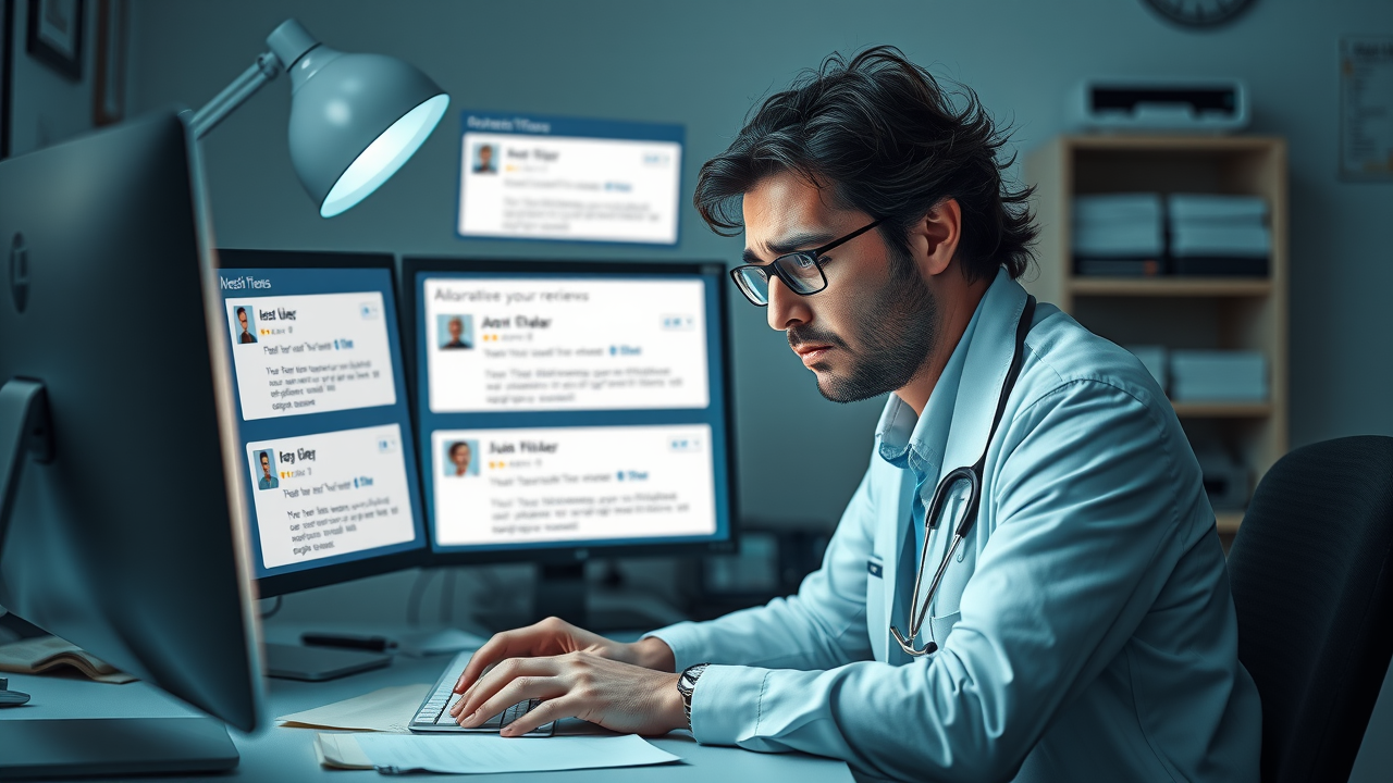 concerned clinic staff noticing ignored online reviews, representing pitfalls in clinic reputation management