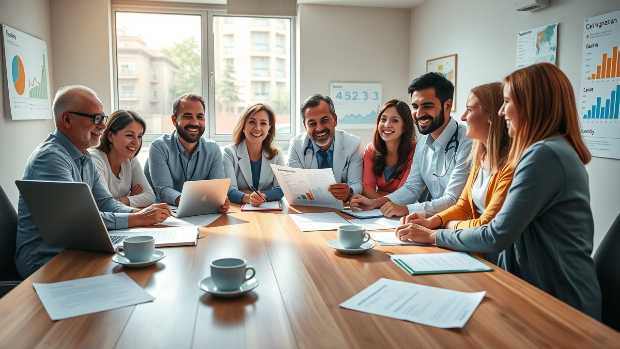 motivated clinic leadership reviewing reputation management reports and planning effective strategies