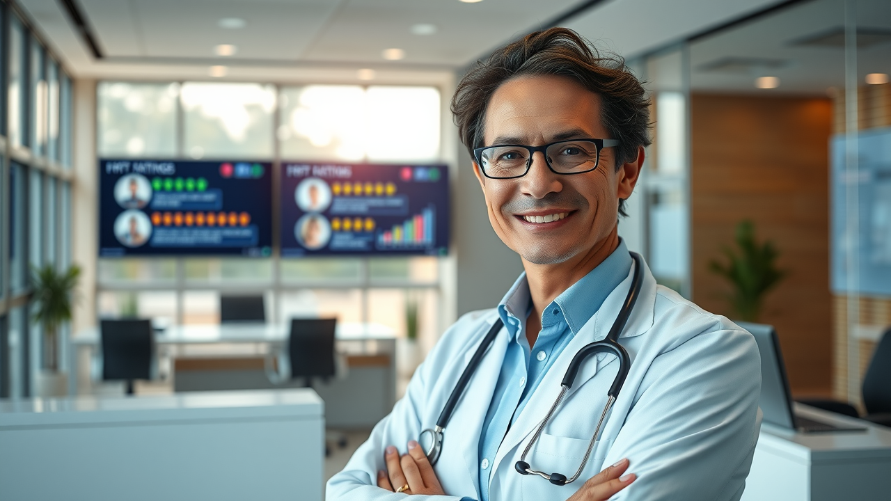  professional clinic reception area, featuring a confident middle-aged healthcare administrator with a friendly and approachable expression