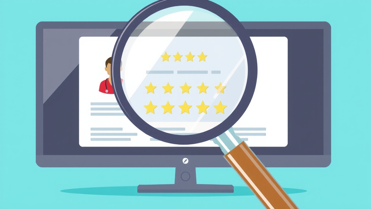 Illustration of a magnifying glass over a computer screen showing patient feedback and star ratings for a healthcare clinic.