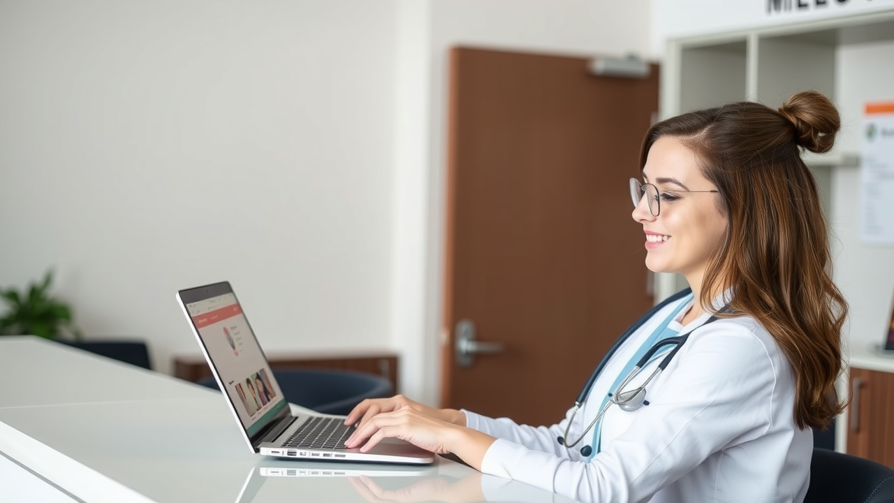 A medical receptionist responding politely to online patient reviews on a laptop, symbolizing active reputation management