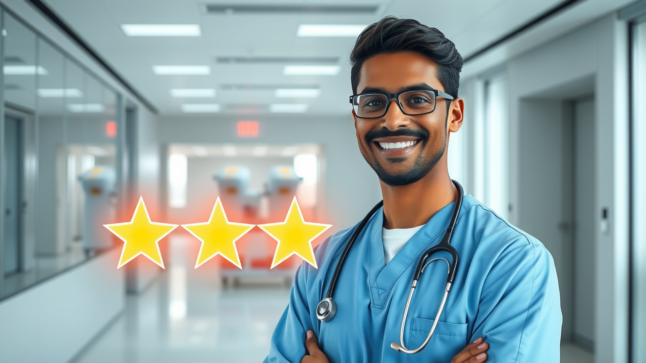 A healthcare provider proudly standing next to a large glowing 3 stars rating icon, modern hospital background