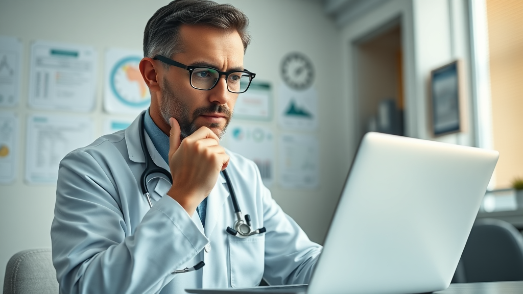 Confident physician researching medical practice SEO strategies using a laptop