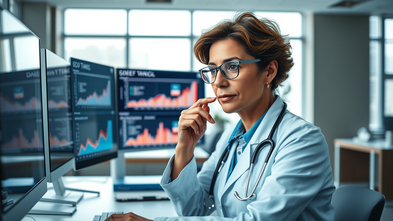 female doctor focused on a confident middle-aged healthcare consultant with a thoughtful expression, analyzing digital SEO performance charts on multiple computer screens