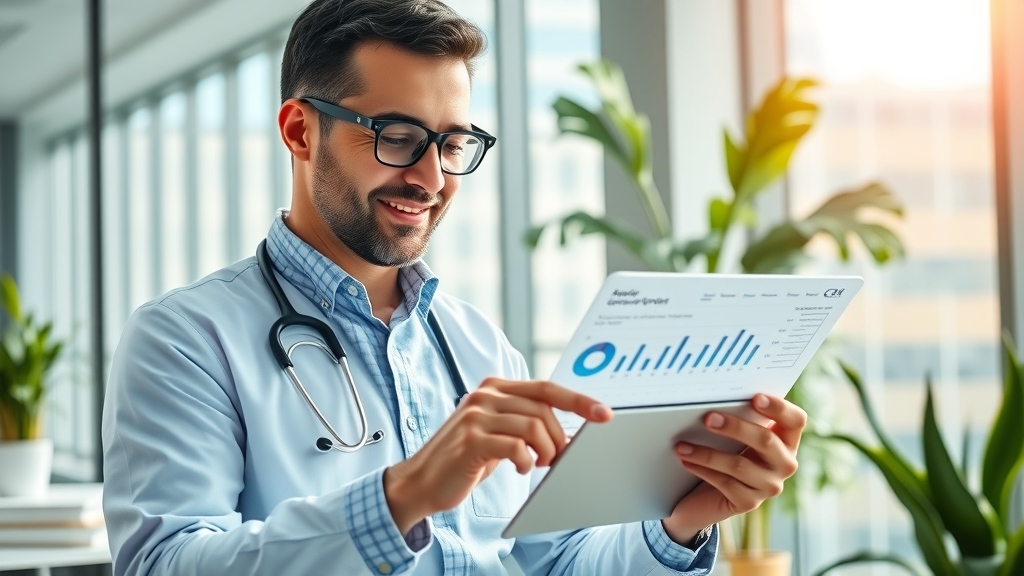 Medical digital marketing manager reviewing analytics and measuring medical practice SEO success