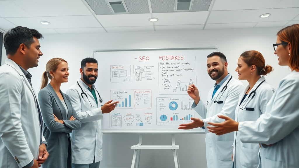 Medical professionals troubleshooting common medical SEO mistakes and solutions on a whiteboard