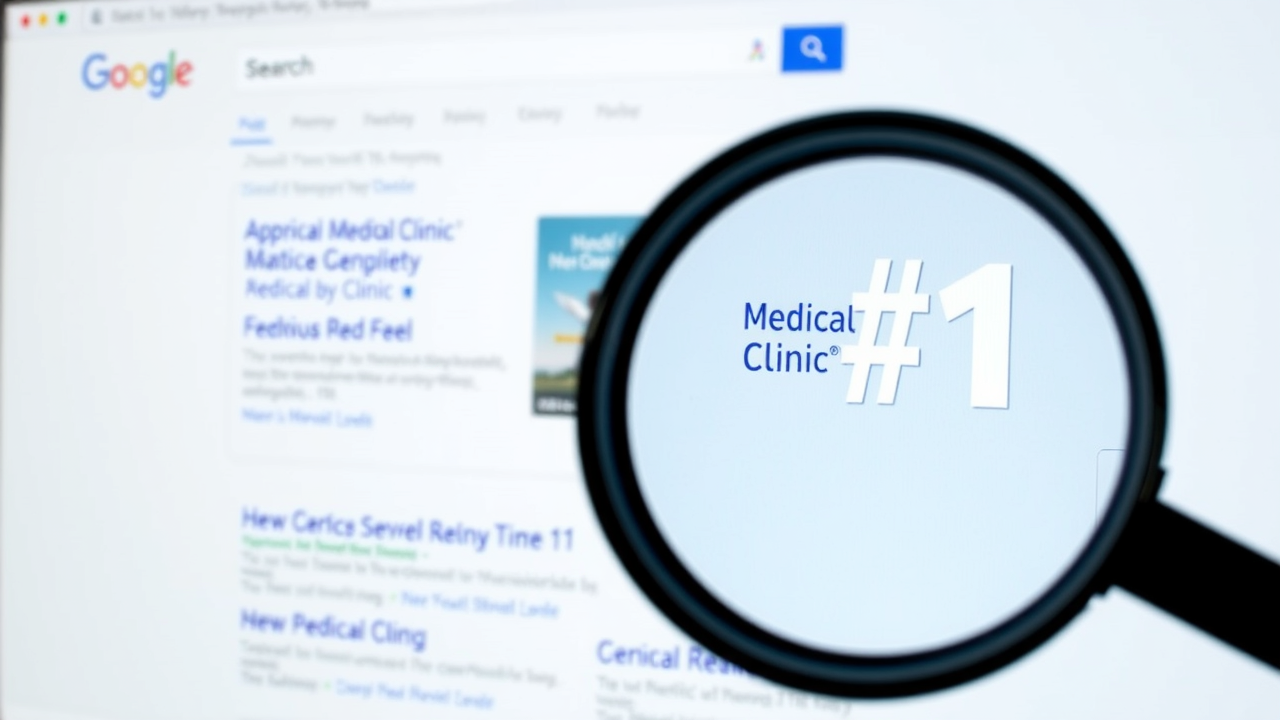 Google search results page with a medical clinic ranking #1, magnifying glass highlighting SEO keywords, digital marketing style.