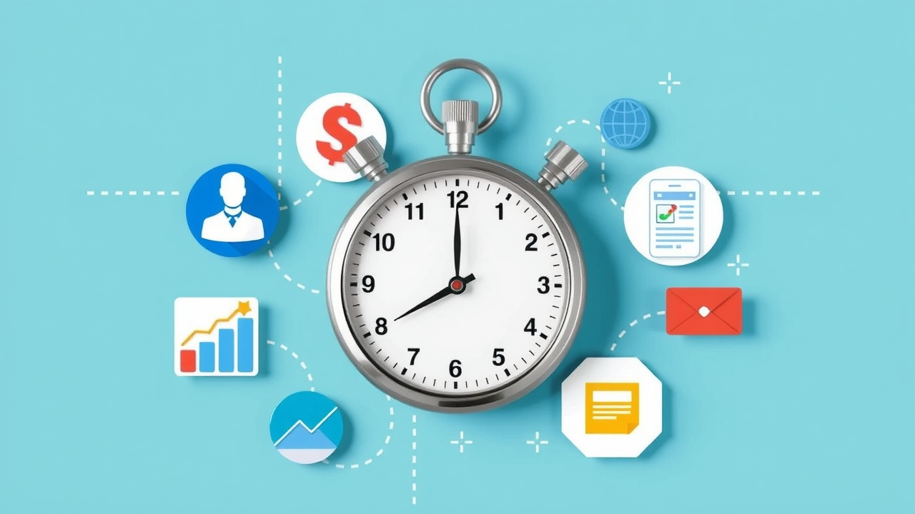 A stopwatch surrounded by SEO-related icons: Google Business Profile, keywords, analytics, mobile phone, and content creation tools.
