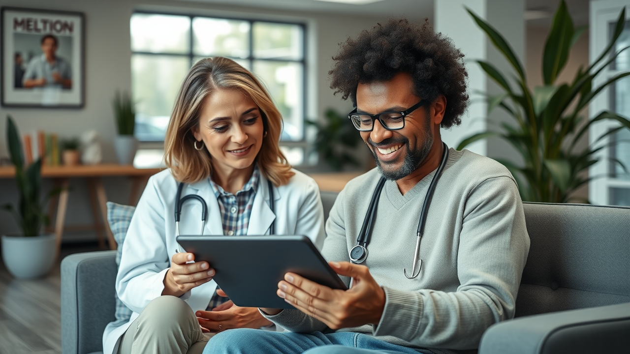 Medical practice waiting area doctors reading digital medical SEO FAQ on tablet