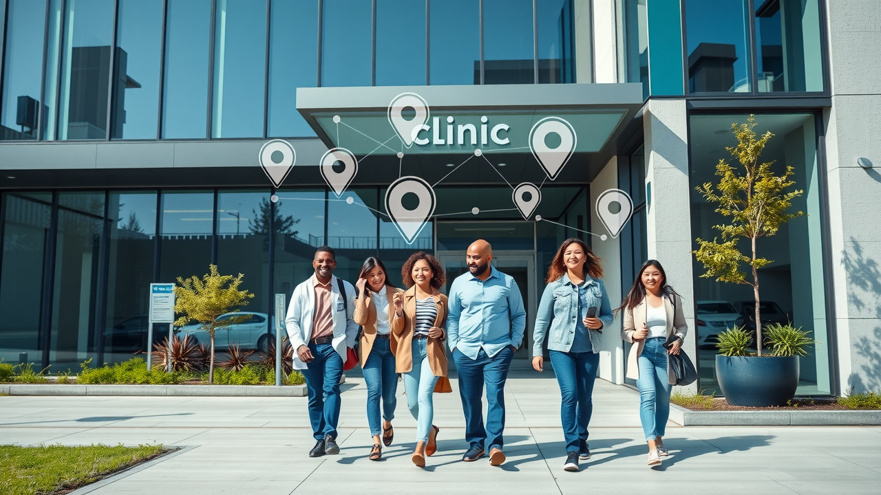 Modern clinic exterior with patients walking in, overlaid with icons for SEO, mobile optimization, and local search pins.