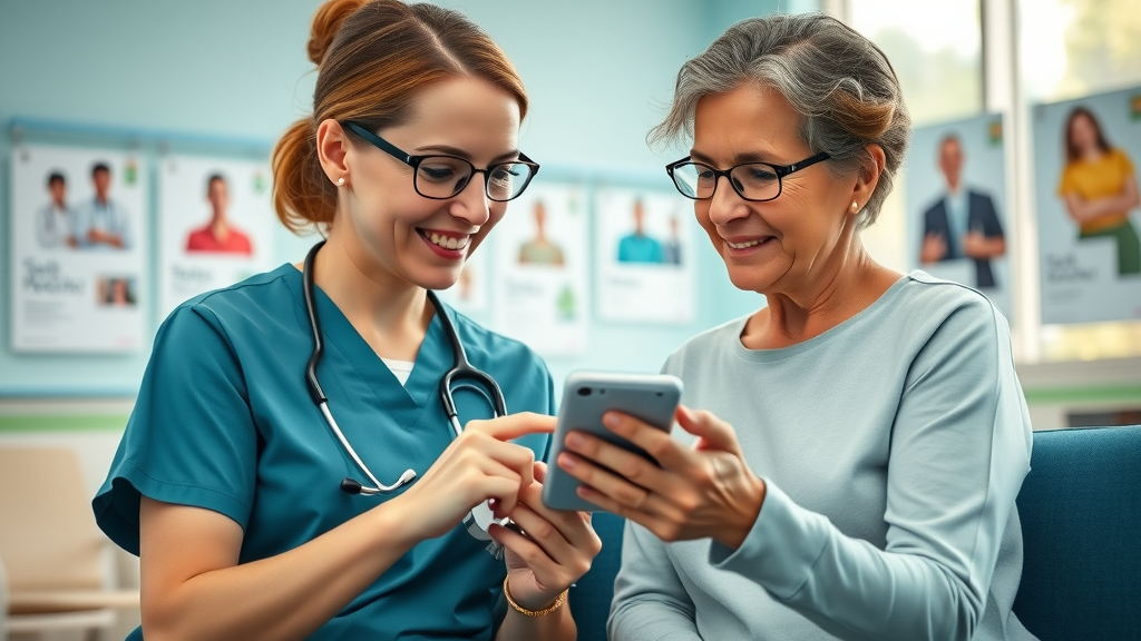 healthcare social media marketing approachable nurse and patient discussing healthcare information on a smartphone app