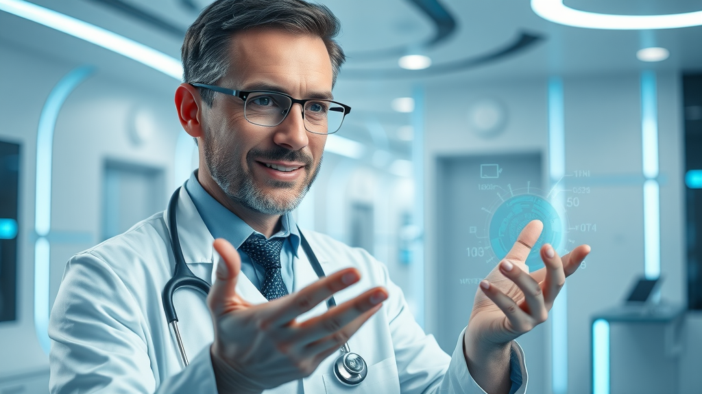 healthcare social media marketing futuristic doctor using AI-driven holographic interface for patient interaction