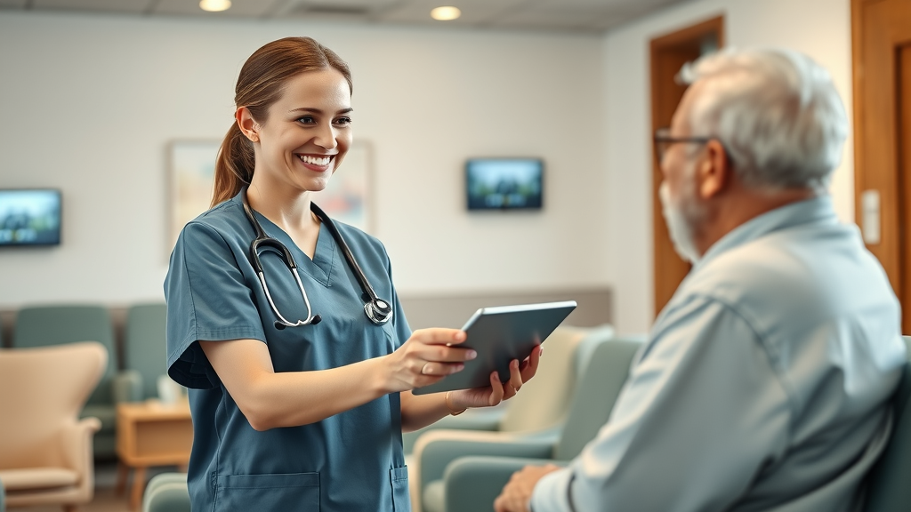 Patient retention strategies: Nurse welcoming elderly patient in waiting room