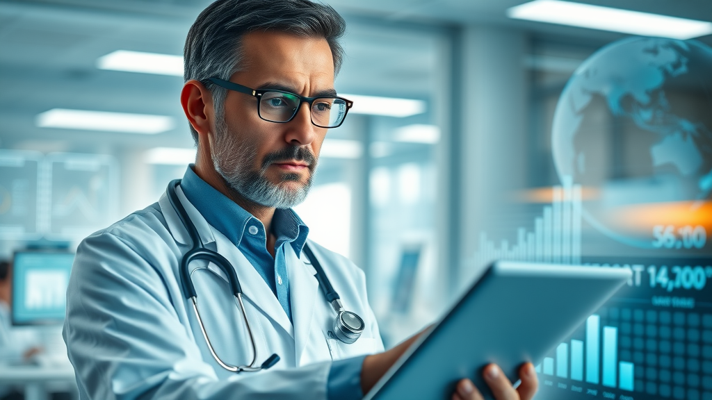 Healthcare administrator tracking patient retention with digital dashboard