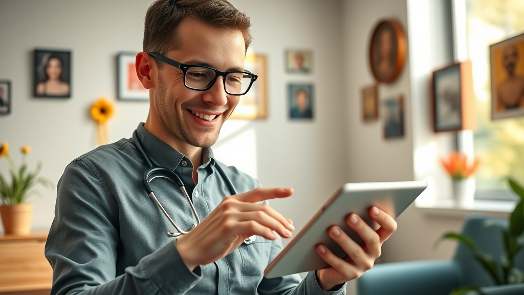 cheerful healthcare digital marketer updating business profile for local content marketing strategy