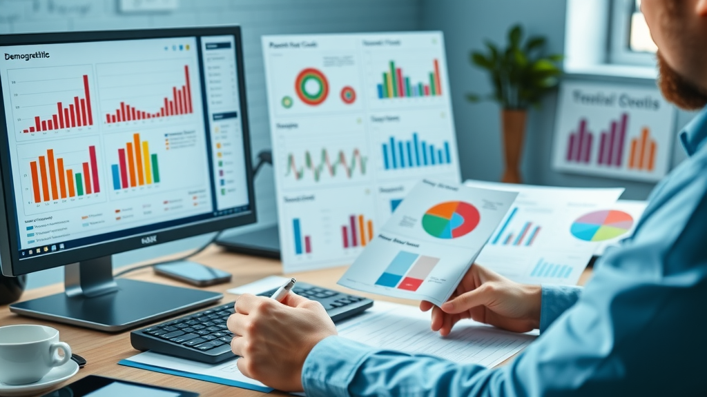 methodical healthcare marketer analyzing target audience demographic data for healthcare content strategy