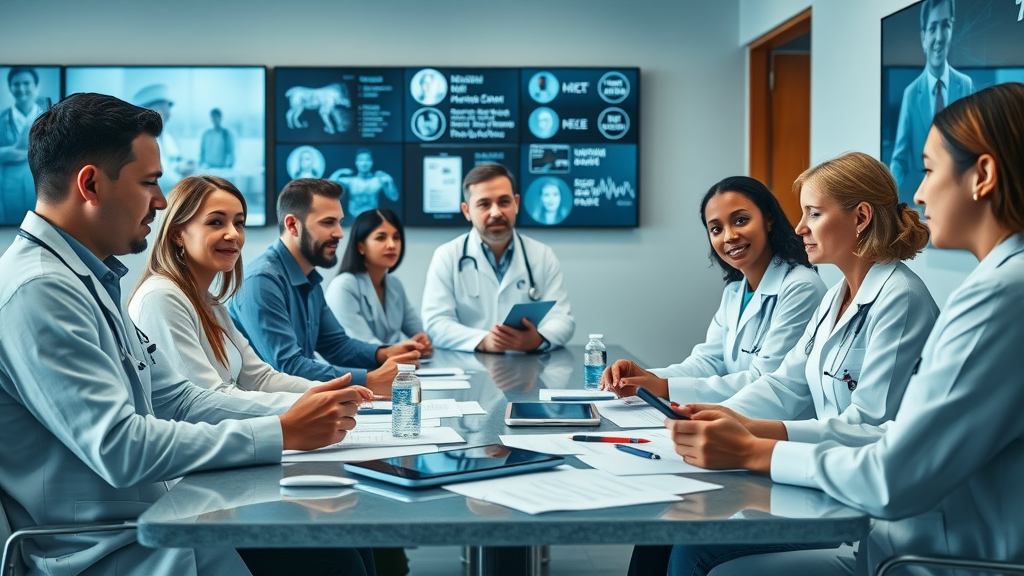 engaged medical team discussing healthcare content strategy around conference table