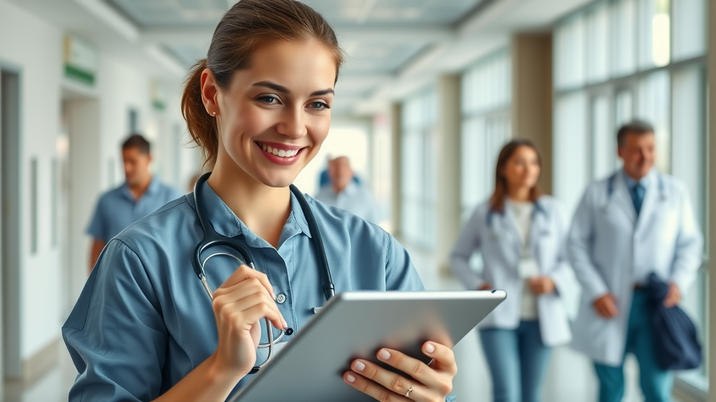 confident healthcare professional reviewing healthcare content creation on digital tablet in a modern hospital lobby