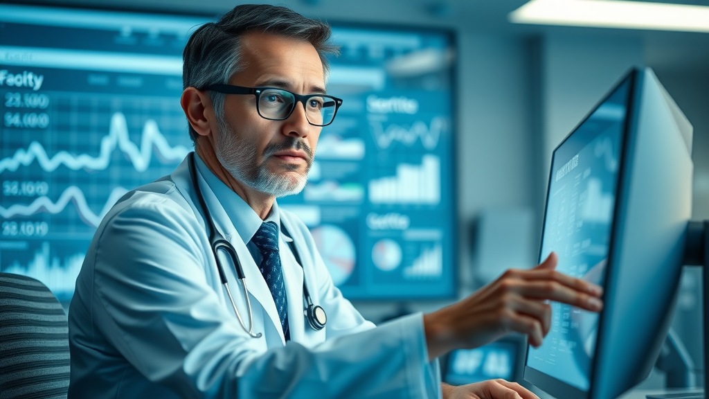 innovative doctor at computer explaining medical seo strategies high-tech hospital office background