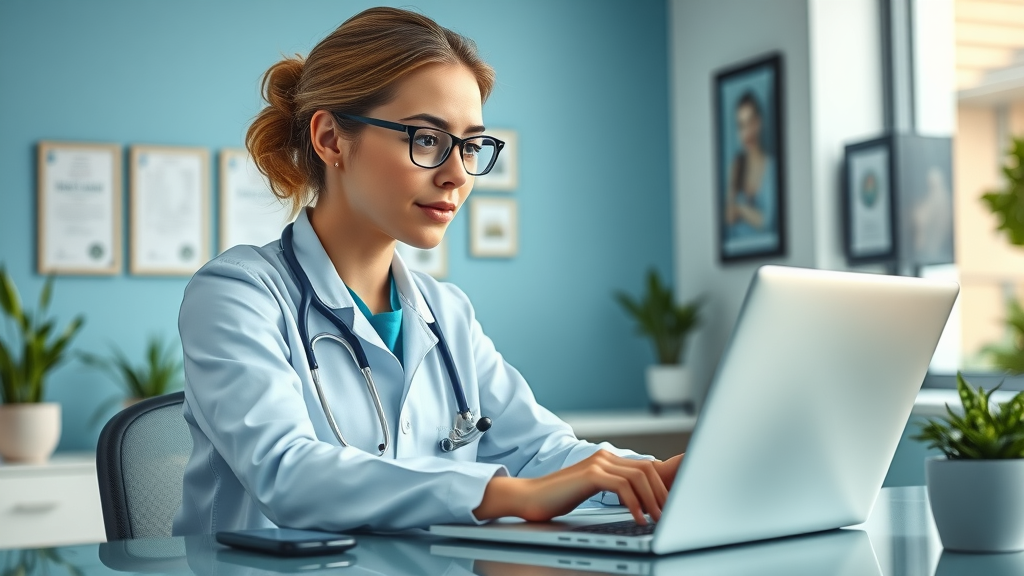 healthcare professional using medical blogging tips in a modern clinic office, with plants and certificates