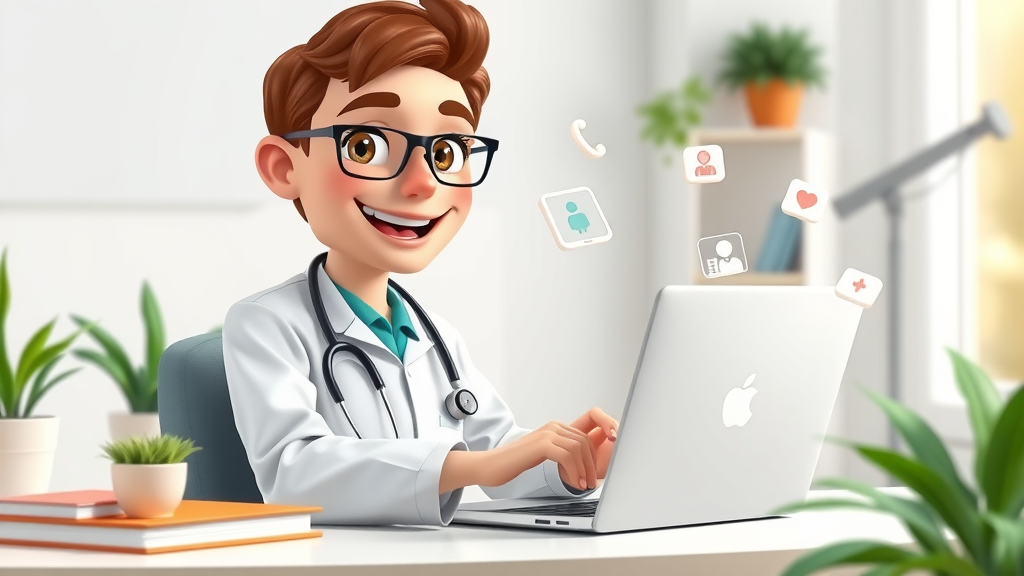 health blogger using a laptop to set up a medical blog website in a clean office, with books and digital icons