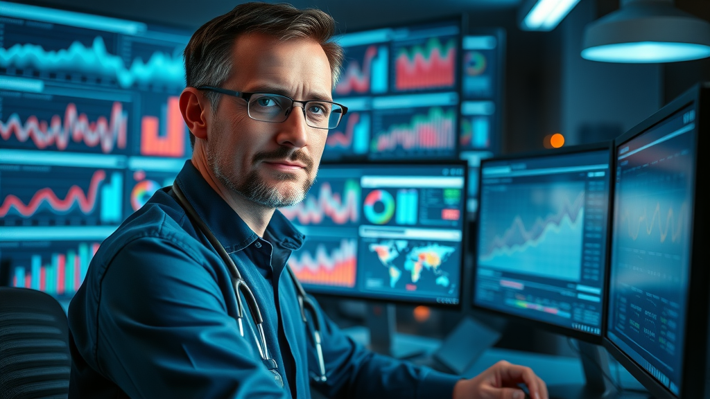healthcare marketer reviewing medical blog analytics on computer monitors with dynamic data charts