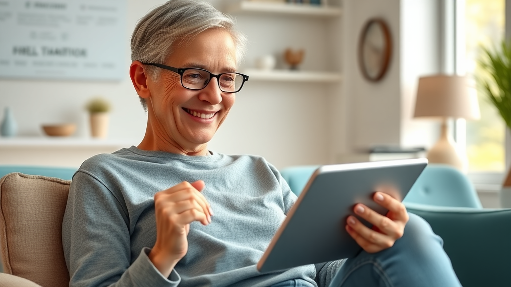 smiling patient reading an educational medical blog on a tablet in a clinic waiting area - blog post for healthcare providers