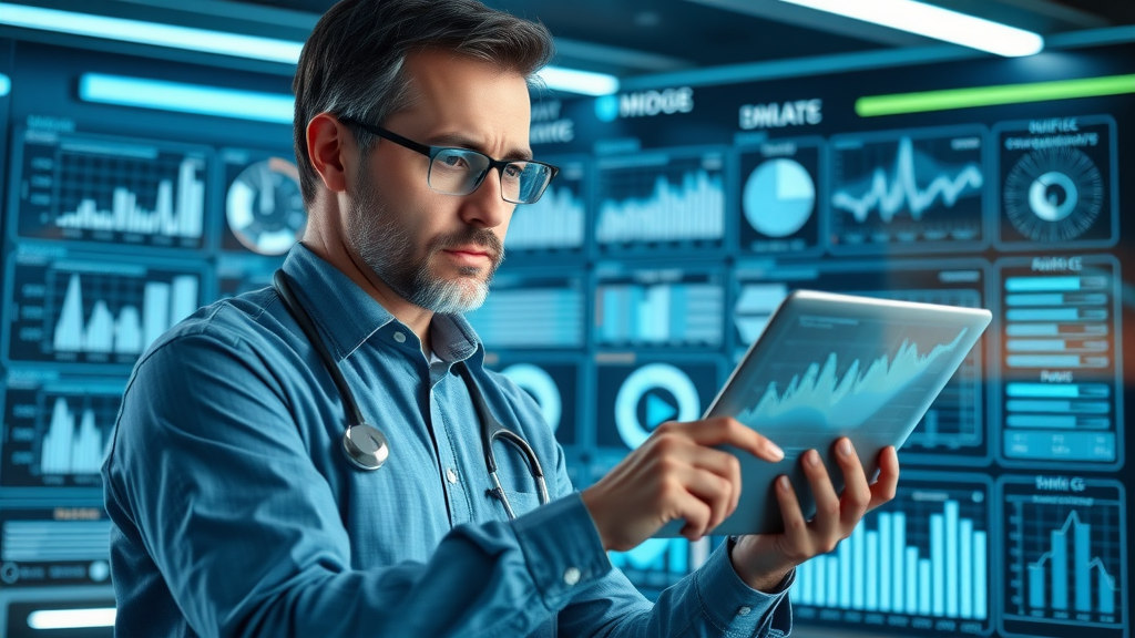 healthcare video marketing strategist analyzing engagement metrics and conversion rates on a digital dashboard