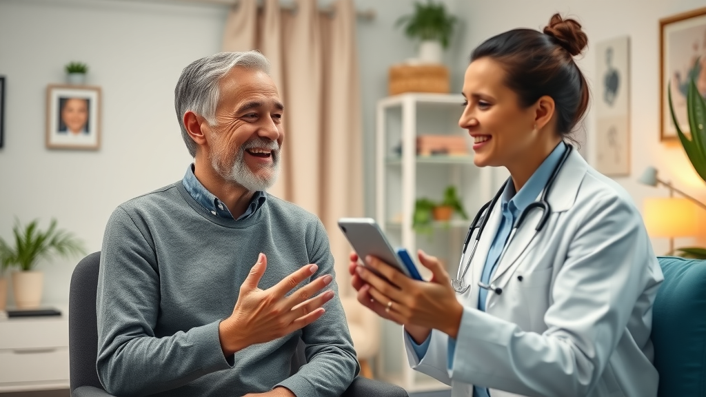 telemedicine video promotion patient giving testimony during telehealth session with provider, healthcare PR strategy, well-lit video studio, photorealistic.