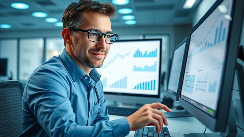 friendly dental professional at computer analyzing email campaign statistics for dental offices, effective email marketing