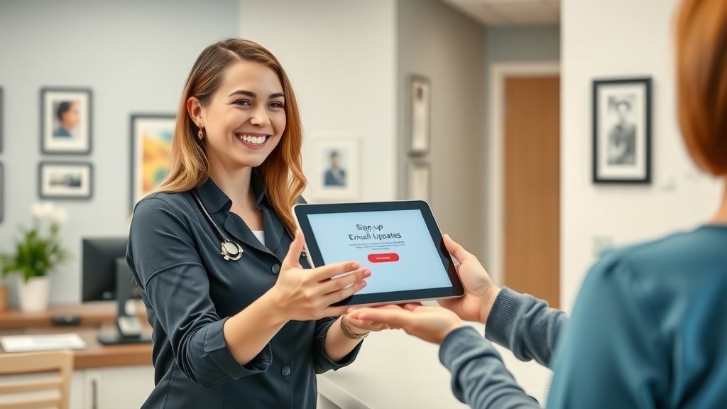 smiling dental office receptionist handing tablet to patient to sign up for email updates, building dental email list for email marketing for dental offices