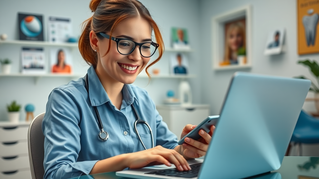 dental clinic manager scheduling social media posts and checking email campaign, dental marketing strategy integration