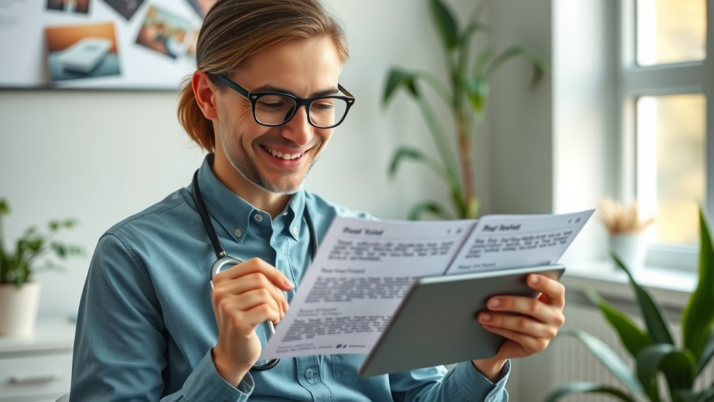 friendly dental professional reviewing positive email survey responses and patient testimonials, optimizing dental email campaigns