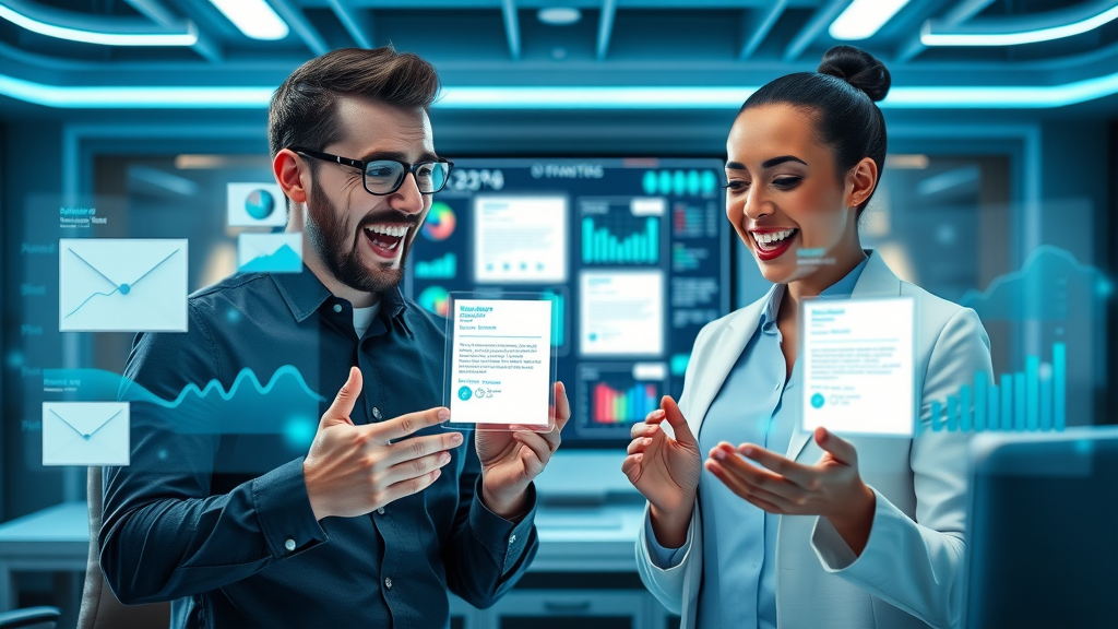 two dental marketers comparing split-screen email campaigns for best engagement, A/B testing for dental offices