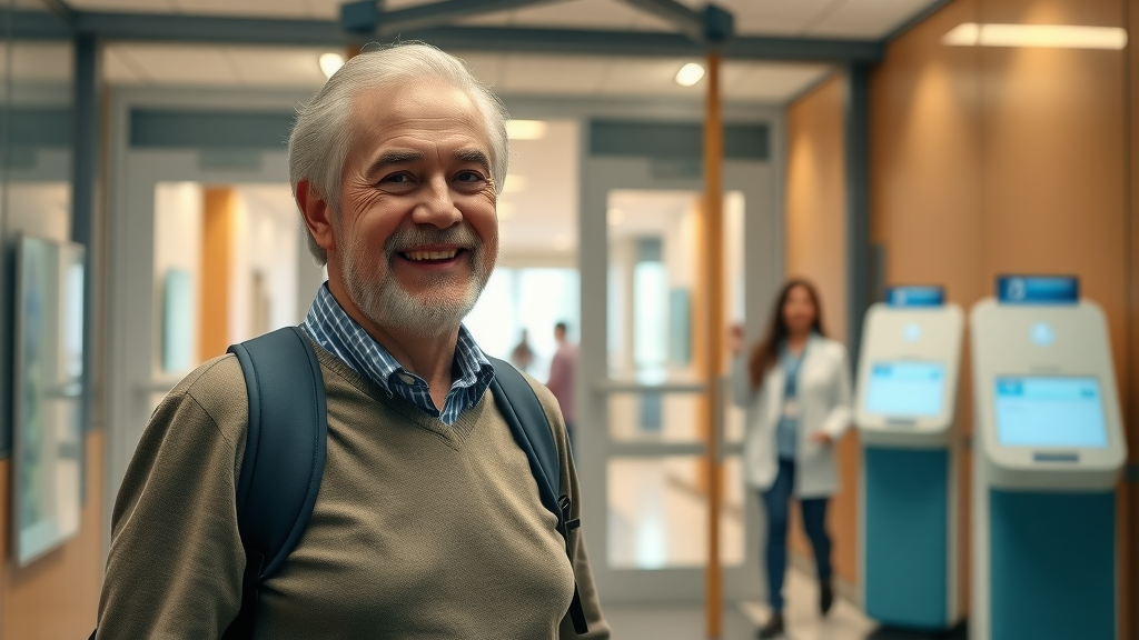 Satisfied patient exiting healthcare facility after digital check-in, reflecting improved patient engagement and satisfaction