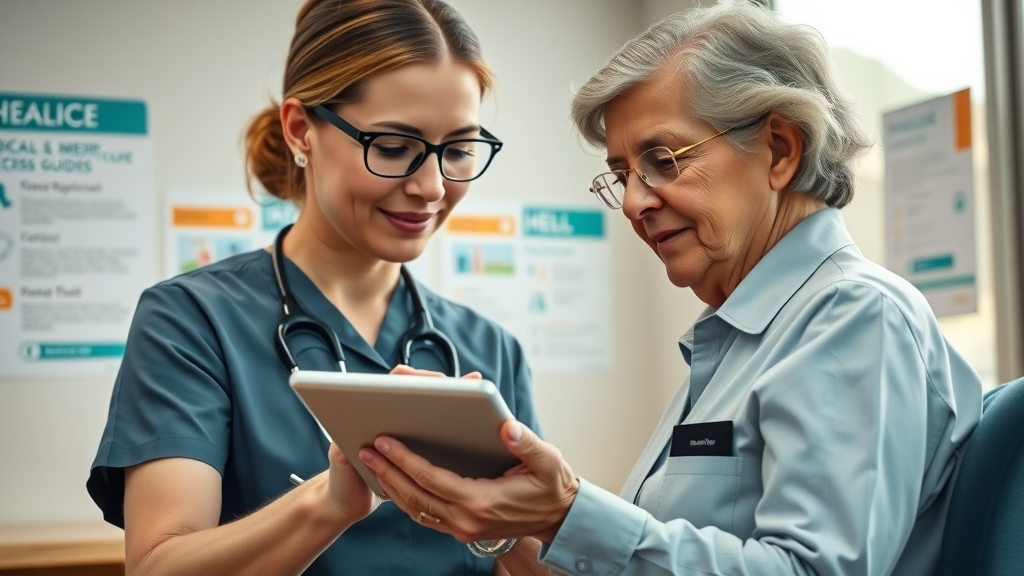 Healthcare IT specialist providing accessible digital health support for elderly patient in a clinic