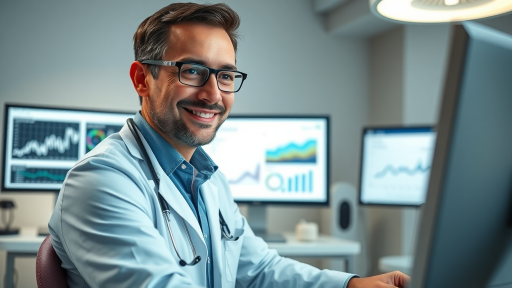 Dentist analyzing website optimization analytics dashboard for dentists