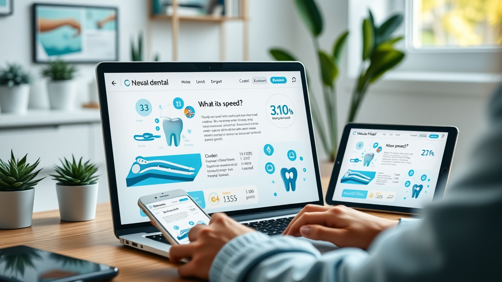 Dental website optimization for dentists shown on laptop and mobile screens, highlighting site speed, navigation, and calls-to-action