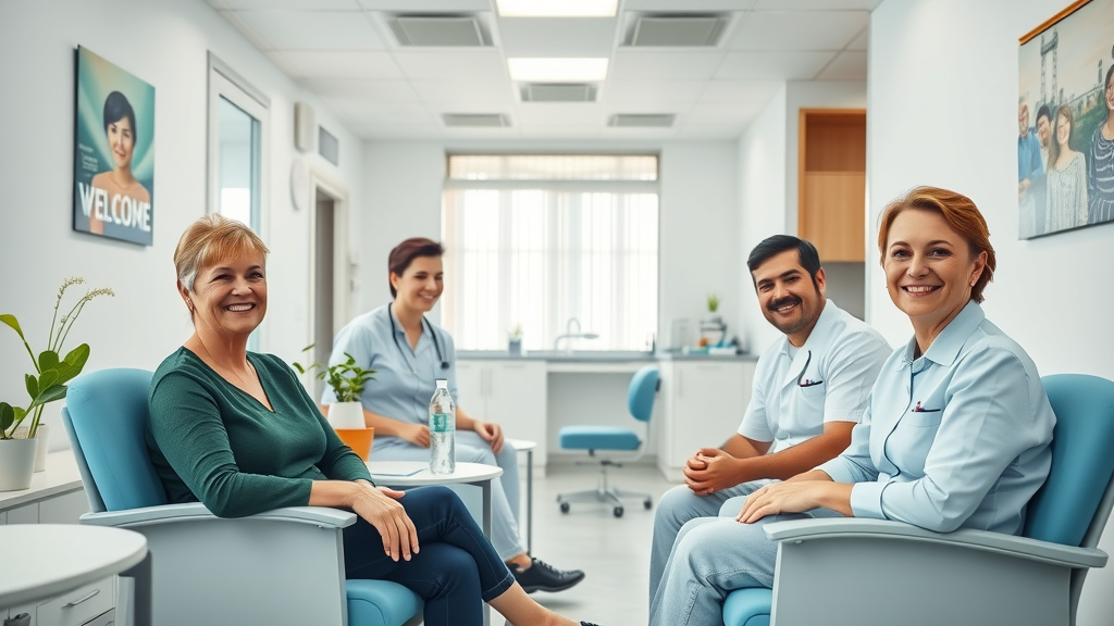 Modern dental practice waiting area with welcoming staff and happy patients, exemplifying content marketing in dentistry