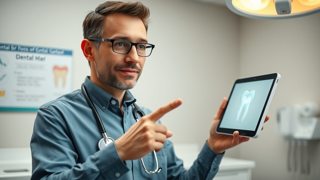 Confident dental professional presenting dental content marketing strategies on a digital display in a dental office