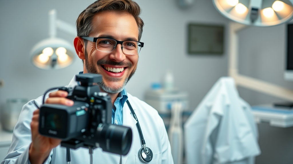 Dentist filming an educational dental content marketing video in a modern dental operatory