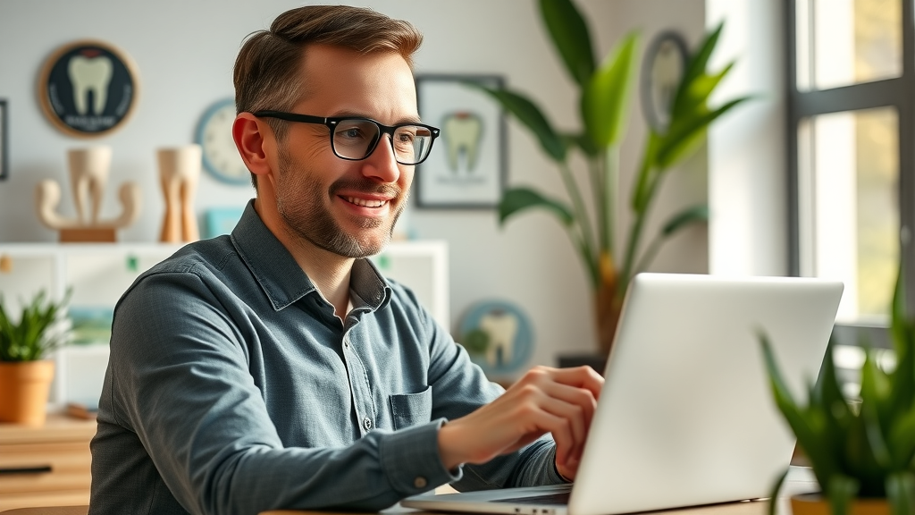 Dental marketing manager celebrating improved website traffic from successful content marketing campaigns