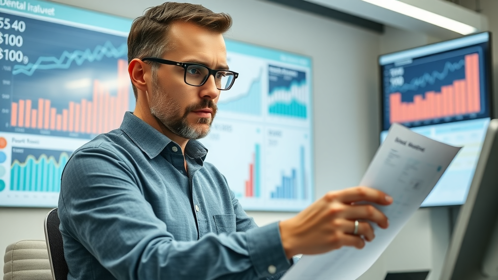 dental ppc roi analyst reviewing charts, ppc advertising metrics landing page conversion dental practice performance