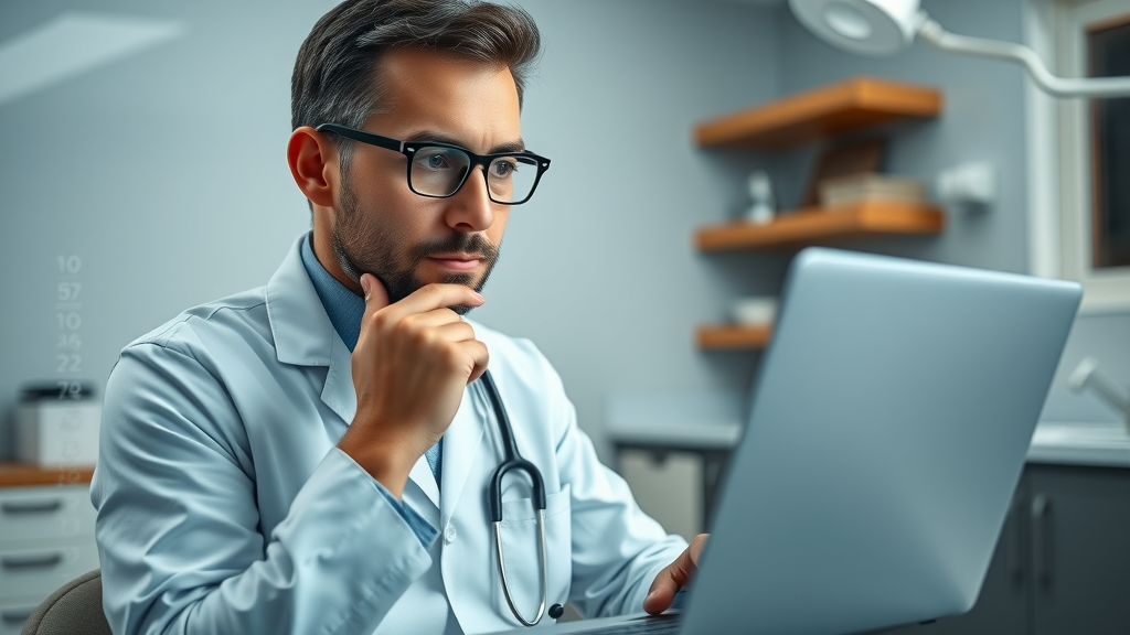confident dentist analyzing seo analytics for local seo for dental clinics, focused expression, data overlays, dental office