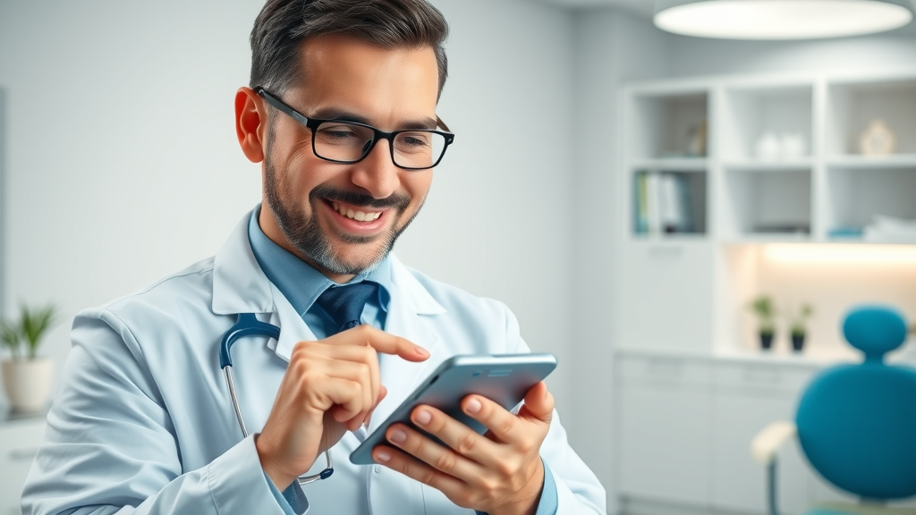 professional dentist updating google business profile on smartphone, showcasing dental seo strategies for local dental clinics