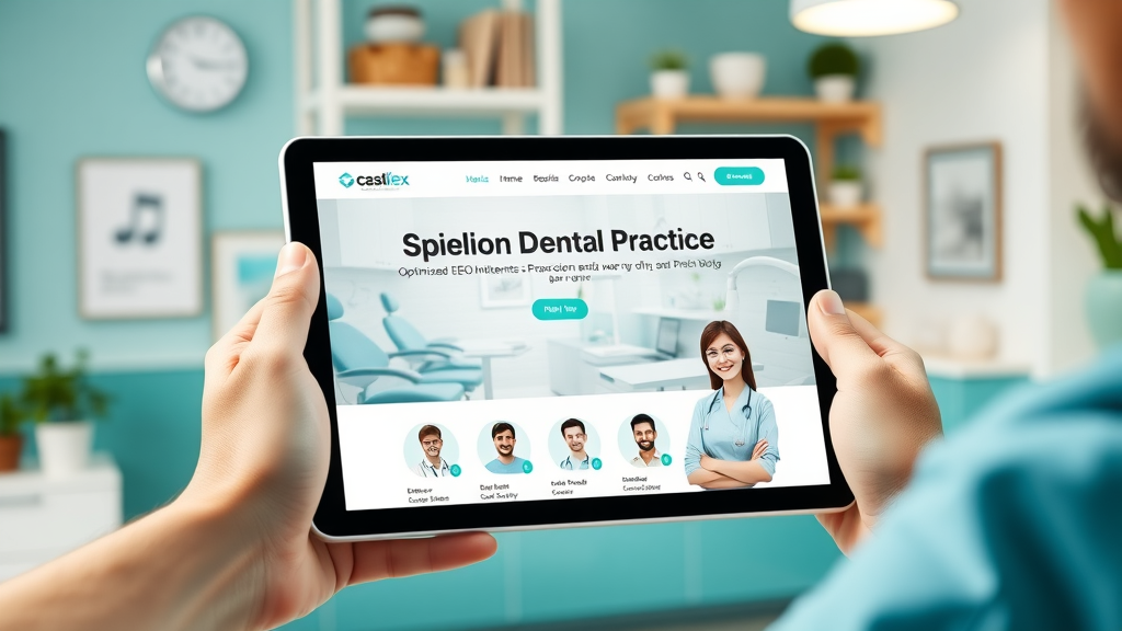 tablet displaying optimized dental website with smiling staff, representing strong on-page dental seo for dental clinics