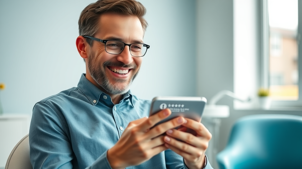 smiling dental patient leaving positive online review on smartphone, representing power of reviews in local seo for dental clinics