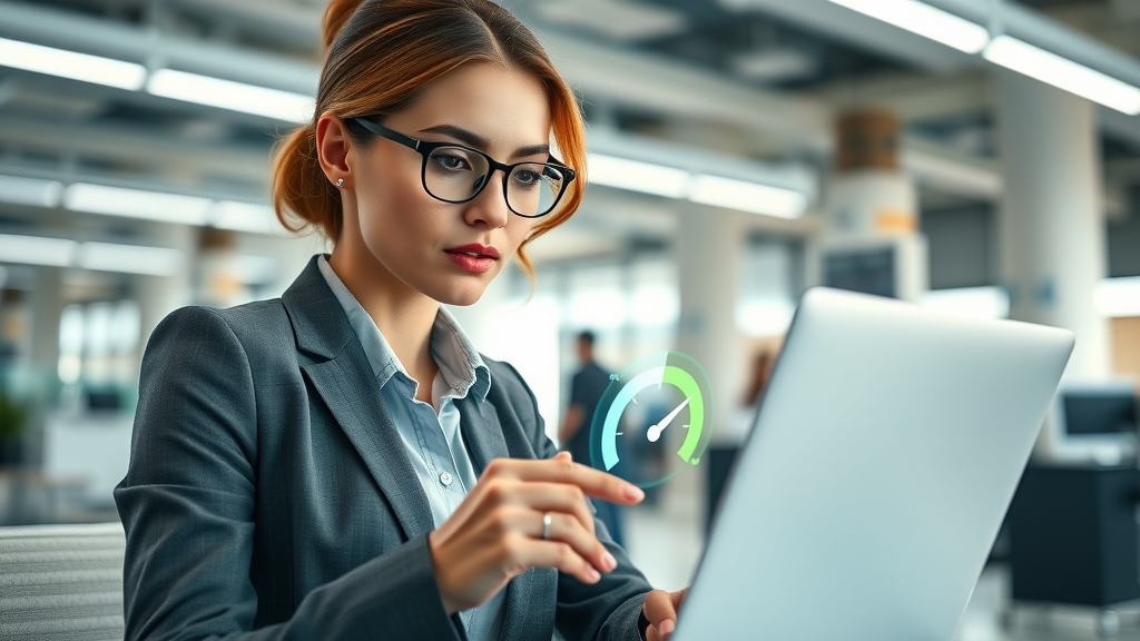 businesswoman analyzing fast-loading dental website speed metrics, representing site speed for conversion rates in local seo for dental clinics