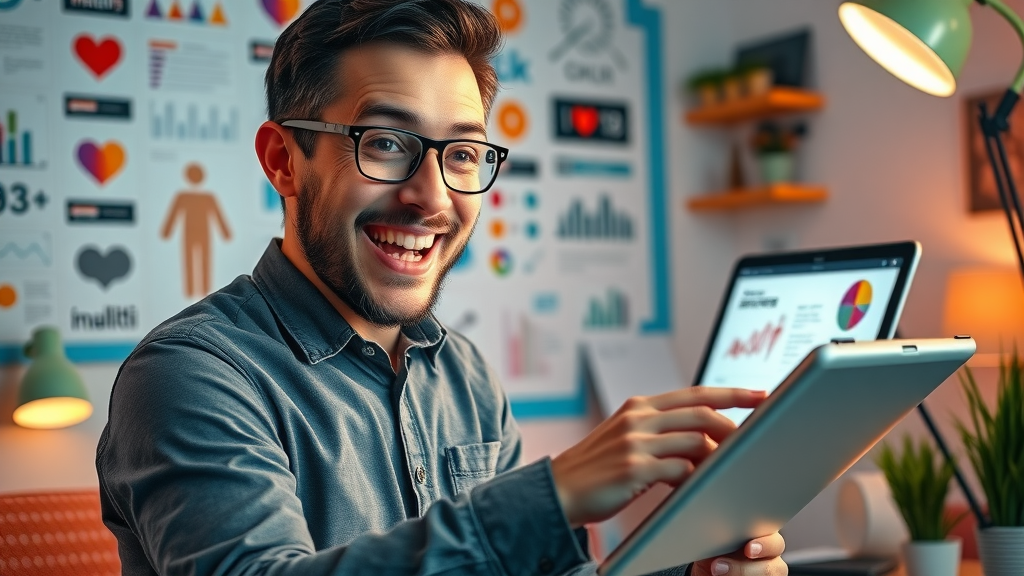 Creative dental marketer designing infographics and social media snippets on a graphic tablet